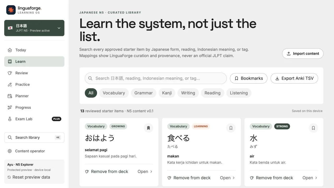 LinguaForge Learn screen with searchable Japanese N5 vocabulary, grammar, kanji, reading, writing, and listening filters.